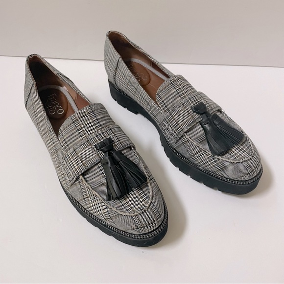 Franco Sarto Black and Gray Plaid Tassel Loafers - Picture 9 of 11